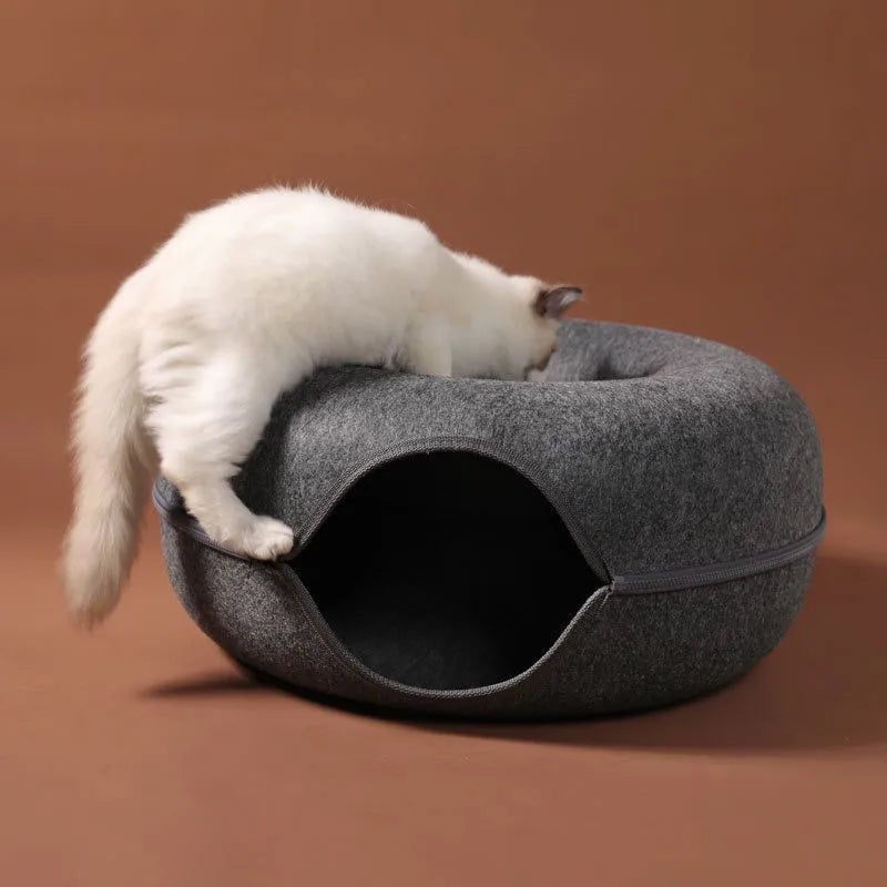 2-in-1 Donut Cat Bed & Tunnel – Cozy Felt Cat Cave House for Indoor Cats, Kittens, and Small Pets