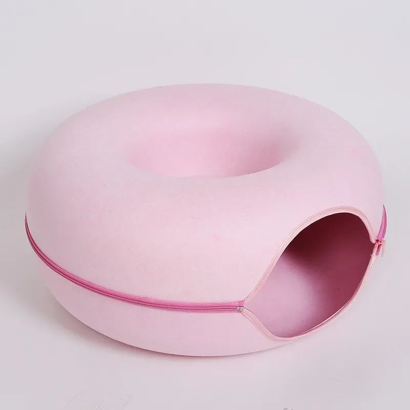 2-in-1 Donut Cat Bed & Tunnel – Cozy Felt Cat Cave House for Indoor Cats, Kittens, and Small Pets