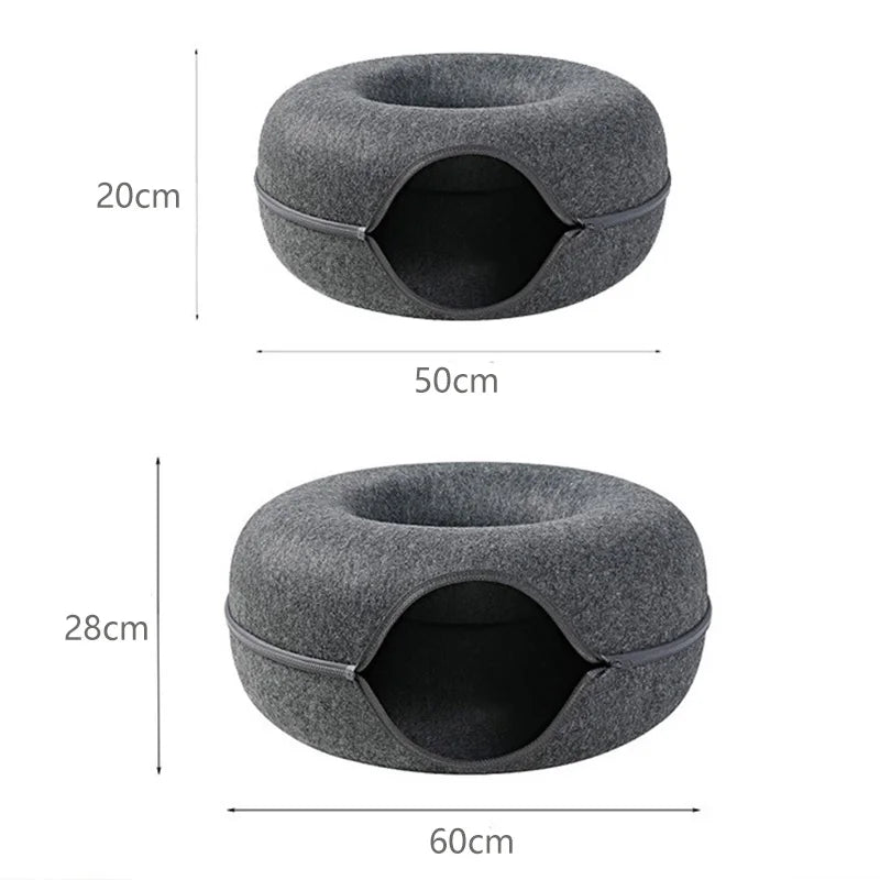 Donut Cat Bed & Tunnel House – Interactive Felt Cave for 2 Cats, Kittens & Rabbits