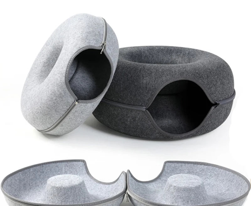 Donut Cat Bed & Tunnel House – Interactive Felt Cave for 2 Cats, Kittens & Rabbits