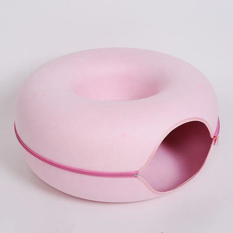 2-in-1 Donut Cat Bed & Tunnel – Cozy Felt Cat Cave House for Indoor Cats, Kittens, and Small Pets