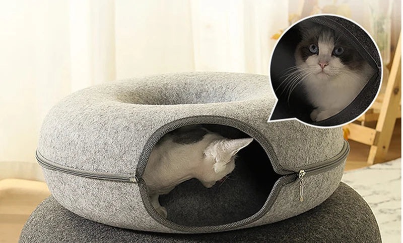 Donut Cat Bed & Tunnel House – Interactive Felt Cave for 2 Cats, Kittens & Rabbits