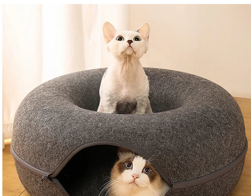 Donut Cat Bed & Tunnel House – Interactive Felt Cave for 2 Cats, Kittens & Rabbits