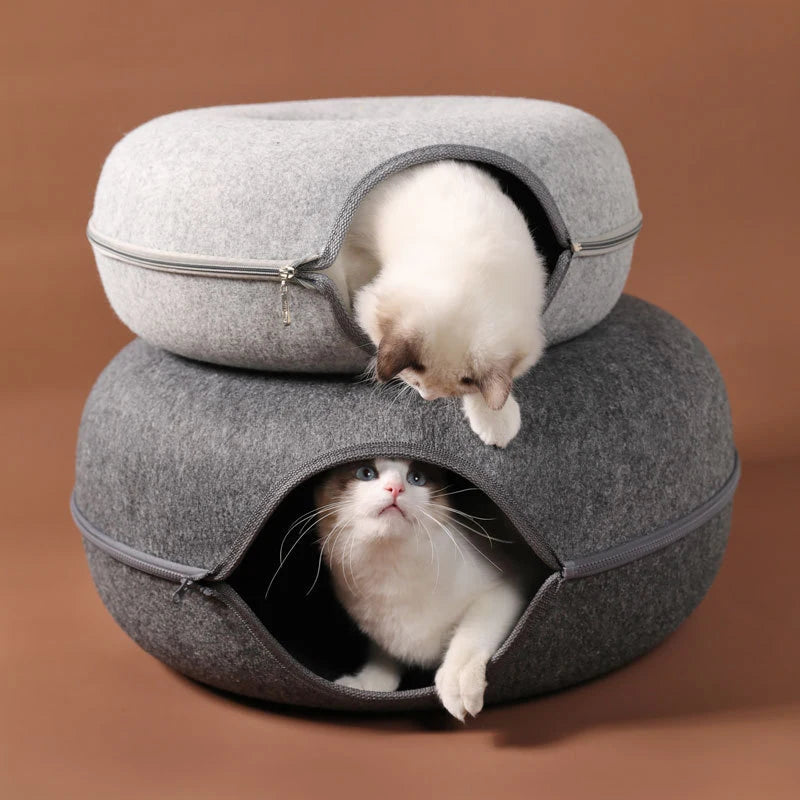 Donut Cat Bed & Tunnel House – Interactive Felt Cave for 2 Cats, Kittens & Rabbits