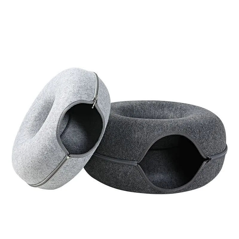2-in-1 Donut Cat Bed & Tunnel – Cozy Felt Cat Cave House for Indoor Cats, Kittens, and Small Pets