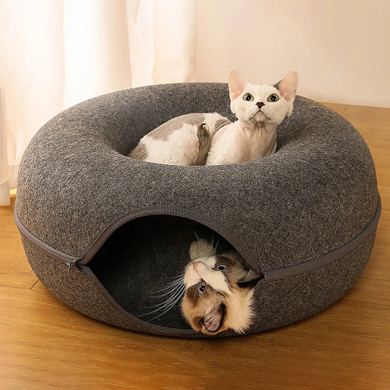 Donut Cat Bed & Tunnel House – Interactive Felt Cave for 2 Cats, Kittens & Rabbits