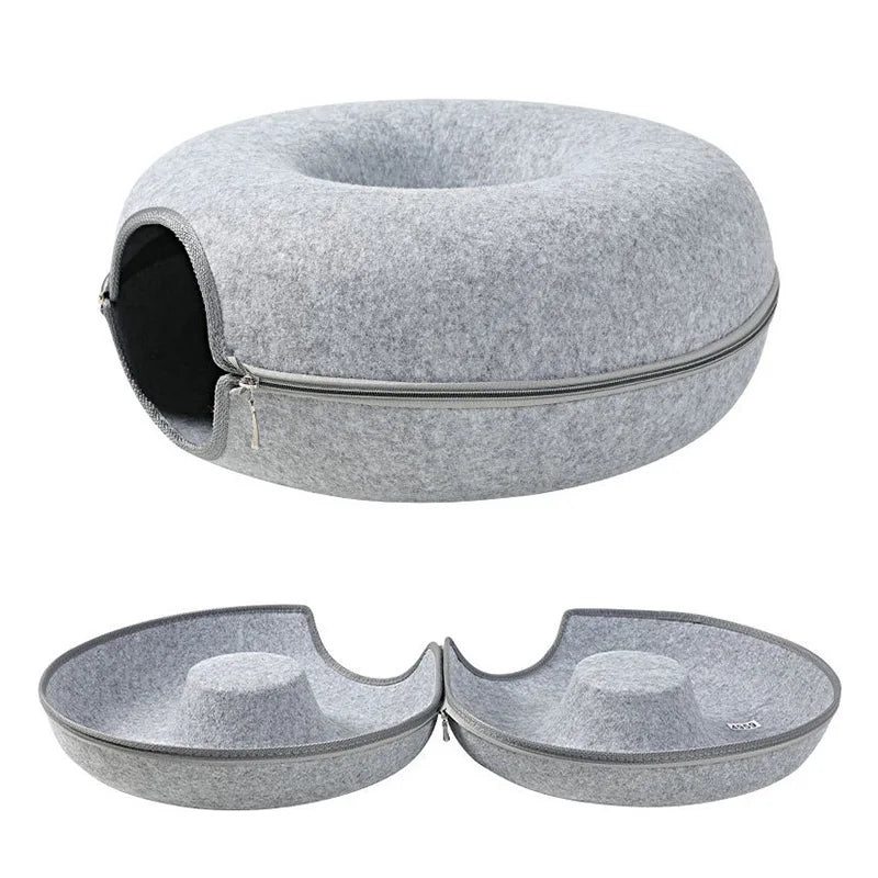 Donut Cat Bed & Tunnel House – Interactive Felt Cave for 2 Cats, Kittens & Rabbits