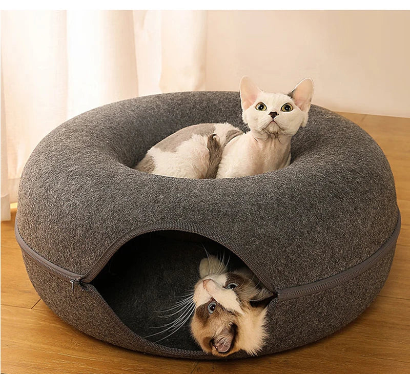 Donut Cat Bed & Tunnel House – Interactive Felt Cave for 2 Cats, Kittens & Rabbits