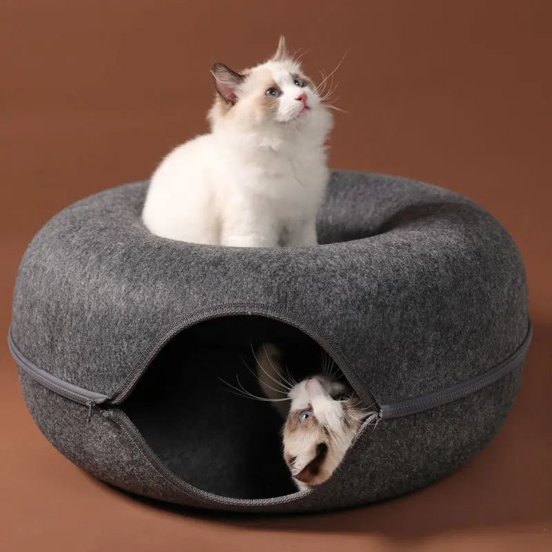 Donut Cat Bed & Tunnel House – Interactive Felt Cave for 2 Cats, Kittens & Rabbits