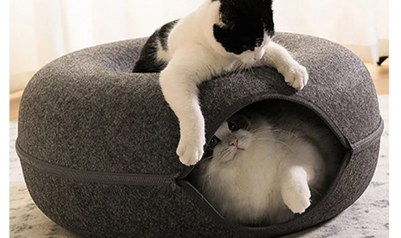 Donut Cat Bed & Tunnel House – Interactive Felt Cave for 2 Cats, Kittens & Rabbits
