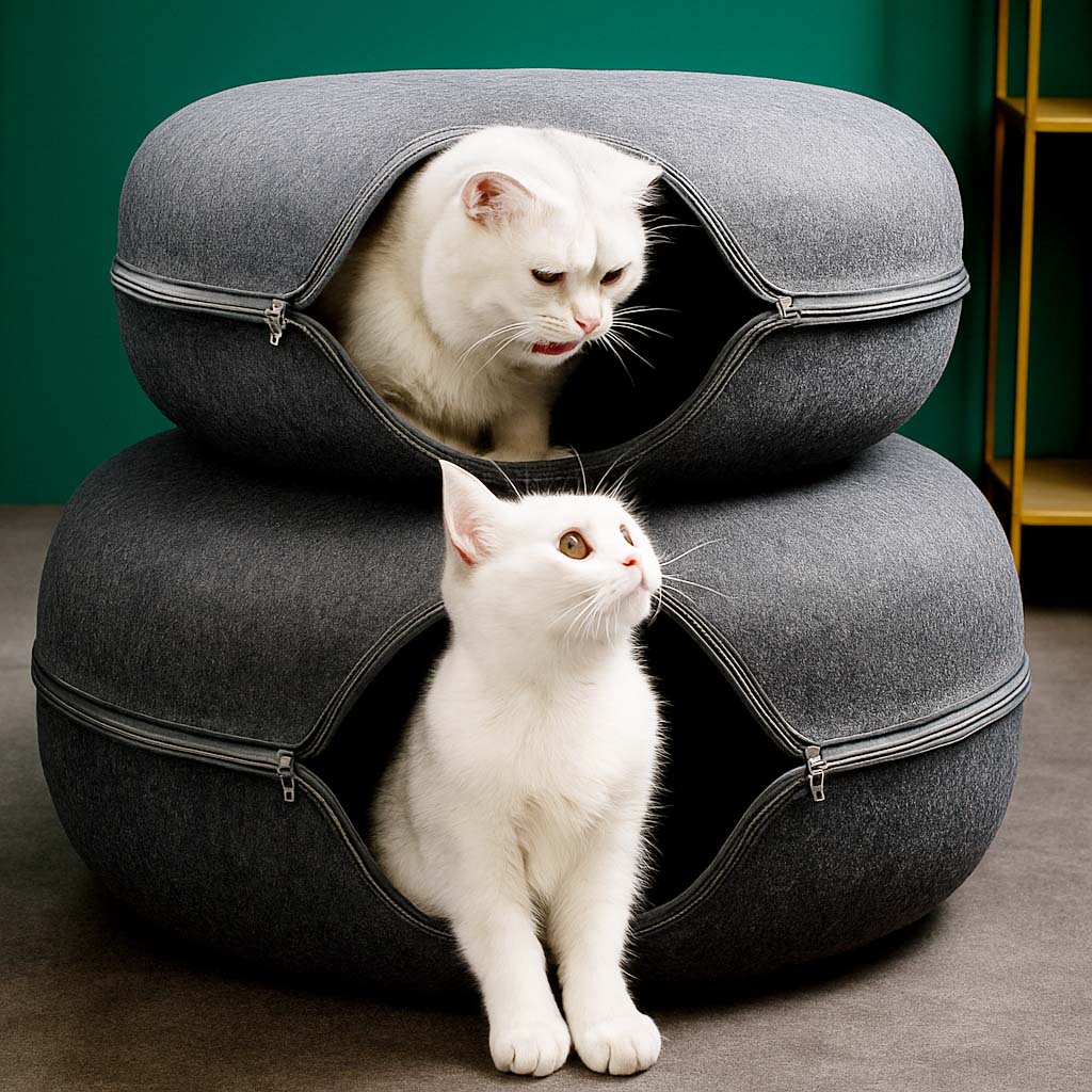 2-in-1 Donut Cat Bed & Tunnel – Cozy Felt Cat Cave House for Indoor Cats, Kittens, and Small Pets