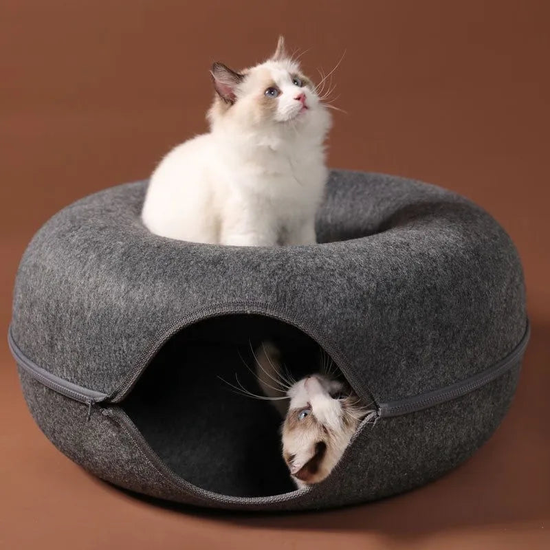 2-in-1 Donut Cat Bed & Tunnel – Cozy Felt Cat Cave House for Indoor Cats, Kittens, and Small Pets