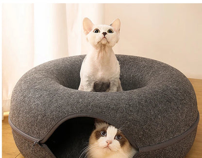 Donut Cat Bed & Tunnel House – Interactive Felt Cave for 2 Cats, Kittens & Rabbits