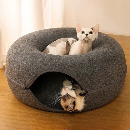 Donut Cat Bed & Tunnel House – Interactive Felt Cave for 2 Cats, Kittens & Rabbits