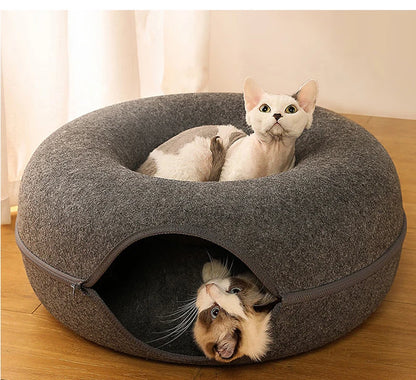 Donut Cat Bed & Tunnel House – Interactive Felt Cave for 2 Cats, Kittens & Rabbits