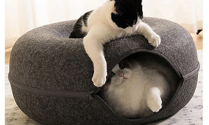 Donut Cat Bed & Tunnel House – Interactive Felt Cave for 2 Cats, Kittens & Rabbits
