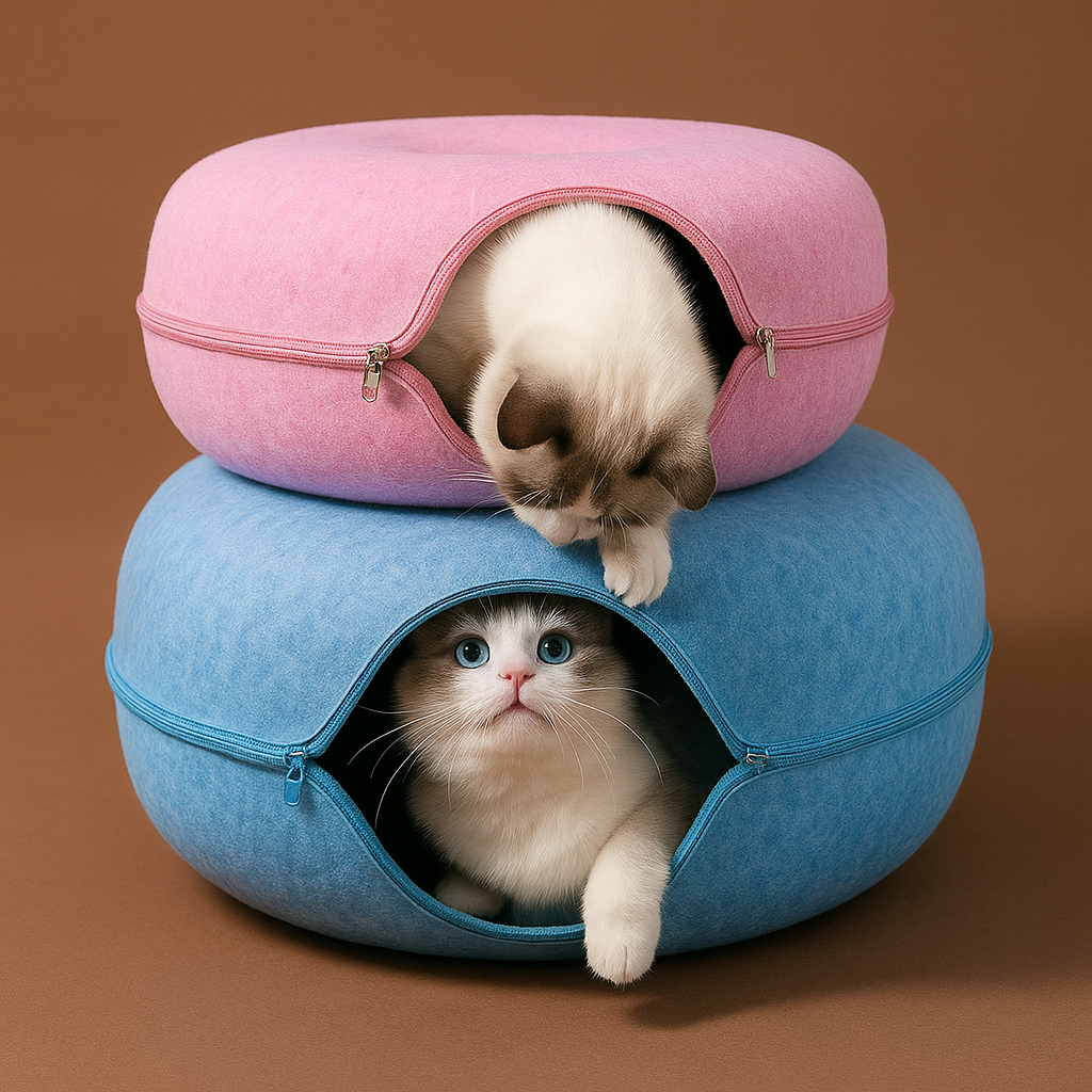 2-in-1 Donut Cat Bed & Tunnel – Cozy Felt Cat Cave House for Indoor Cats, Kittens, and Small Pets
