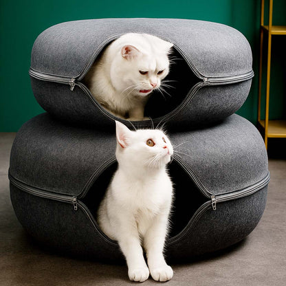 2-in-1 Donut Cat Bed & Tunnel – Cozy Felt Cat Cave House for Indoor Cats, Kittens, and Small Pets
